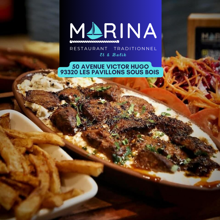 Ali Nazik, Plat turc traditionnel servi au restaurant Marina à Les Pavillons-sous-Bois. Un mélange savoureux de brochette d'agneau mariné, sur un lit d'aubergines.